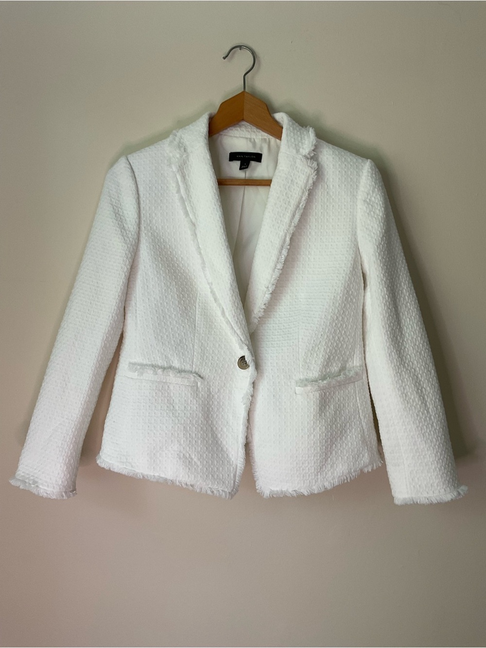 Ann Taylor tweed fringe White Textured Frayed-Trim Single-Button Blazer